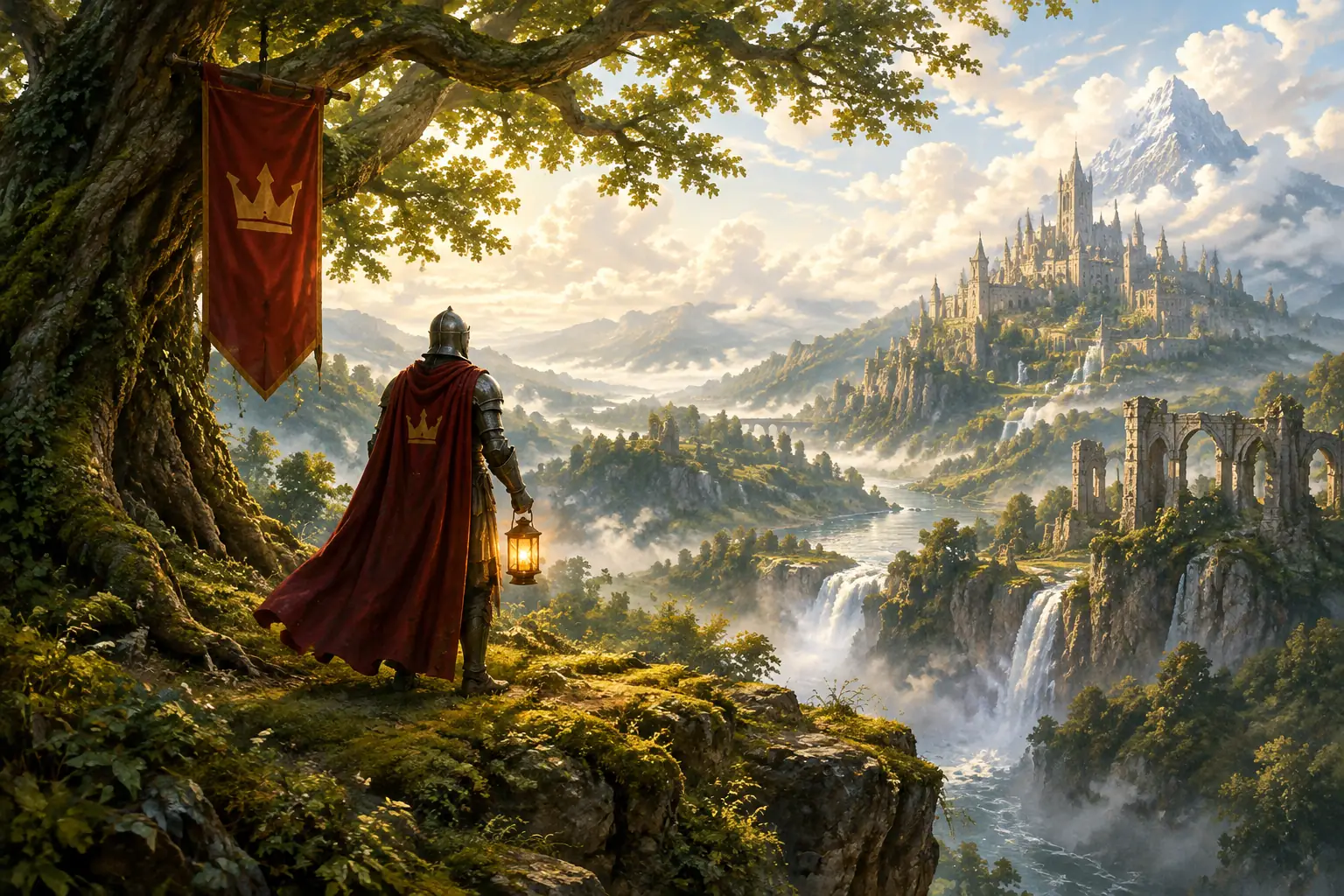 Original painting of a knight in a crimson cape holding a lantern, looking toward a mountain castle. Links to the download page.
