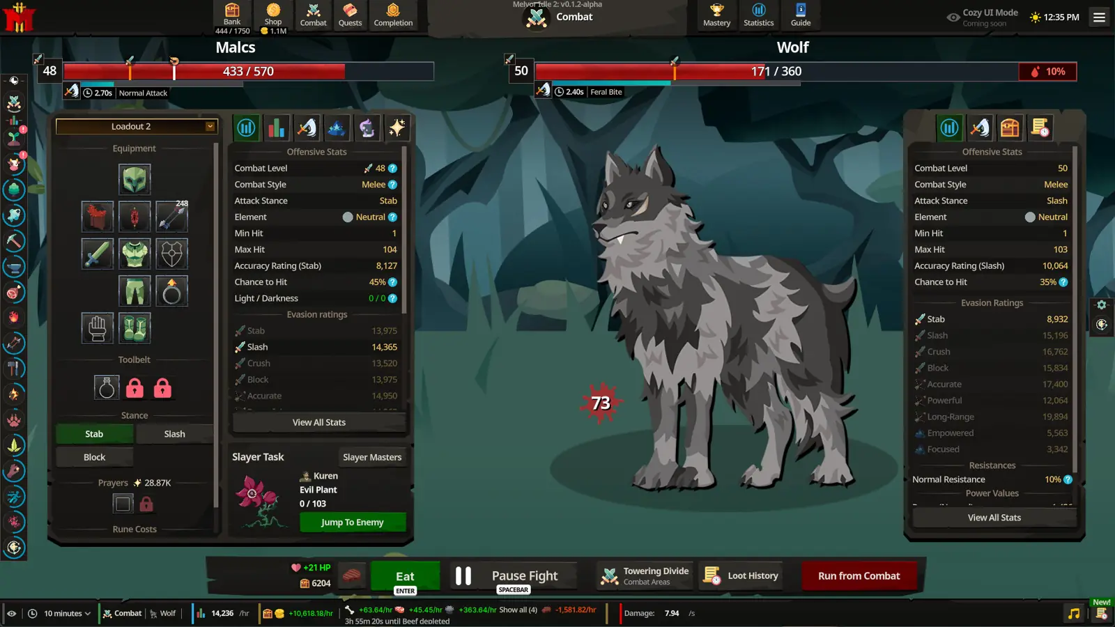 Steam store screenshot of Melvor Idle 2 combat against a wolf, with the skill sidebar and hitpoints bar visible.