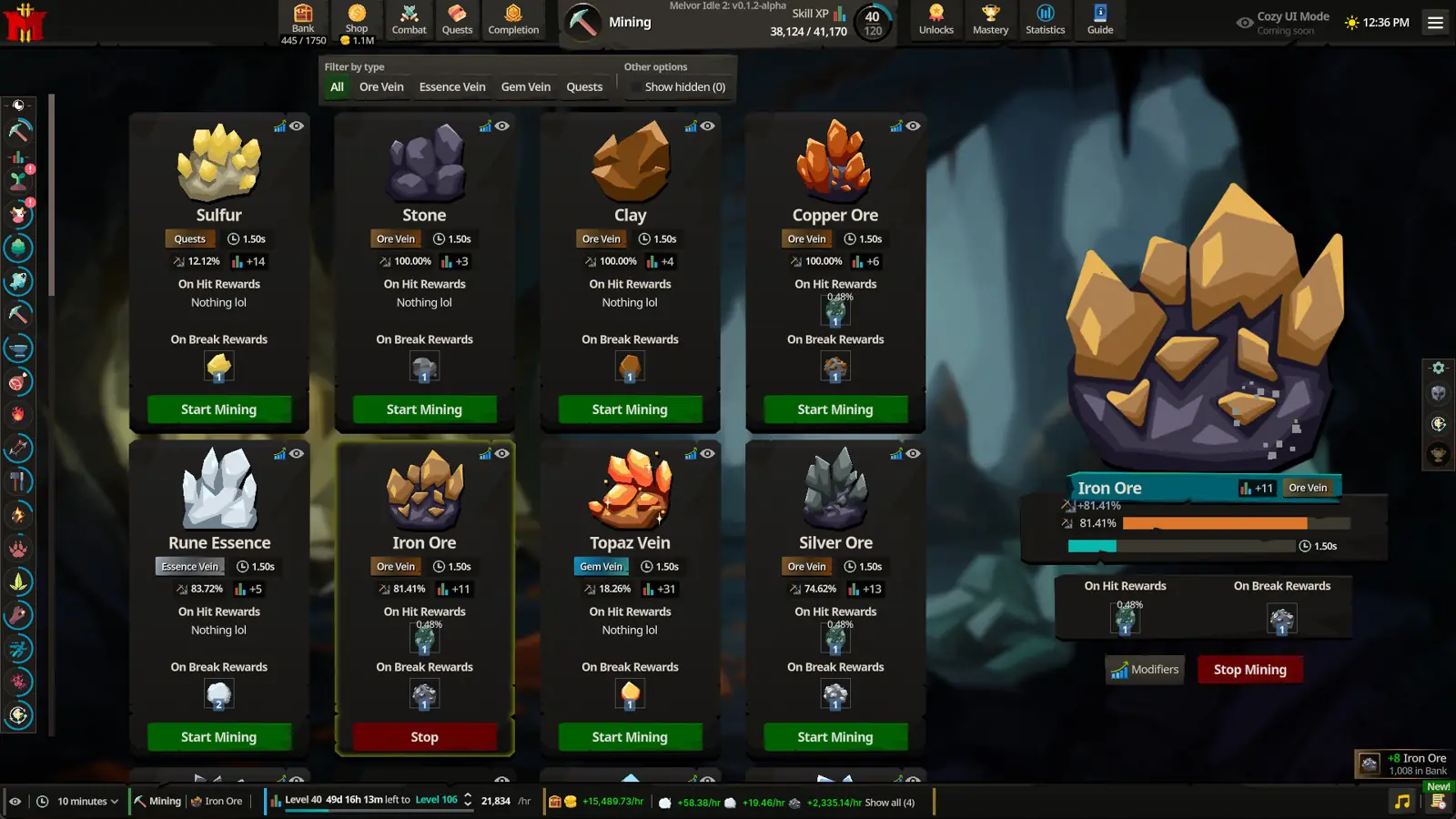 Steam store screenshot of the Melvor Idle 2 mining screen, showing ore nodes and a start-mining panel.