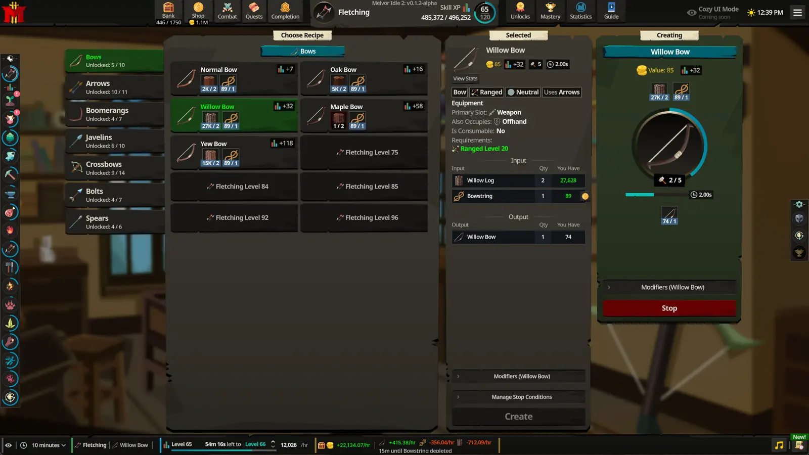Steam store screenshot of Melvor Idle 2 fletching, with Willow Bow selected and a crafting progress dial.
