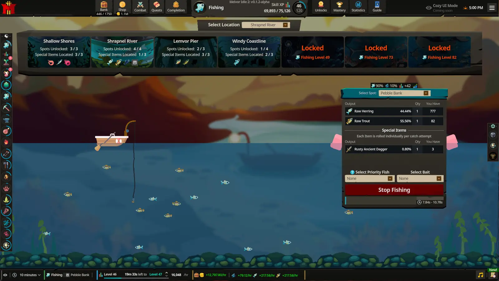 Steam 商店截图：梅尔沃放置2 的钓鱼界面，河面上有小船。