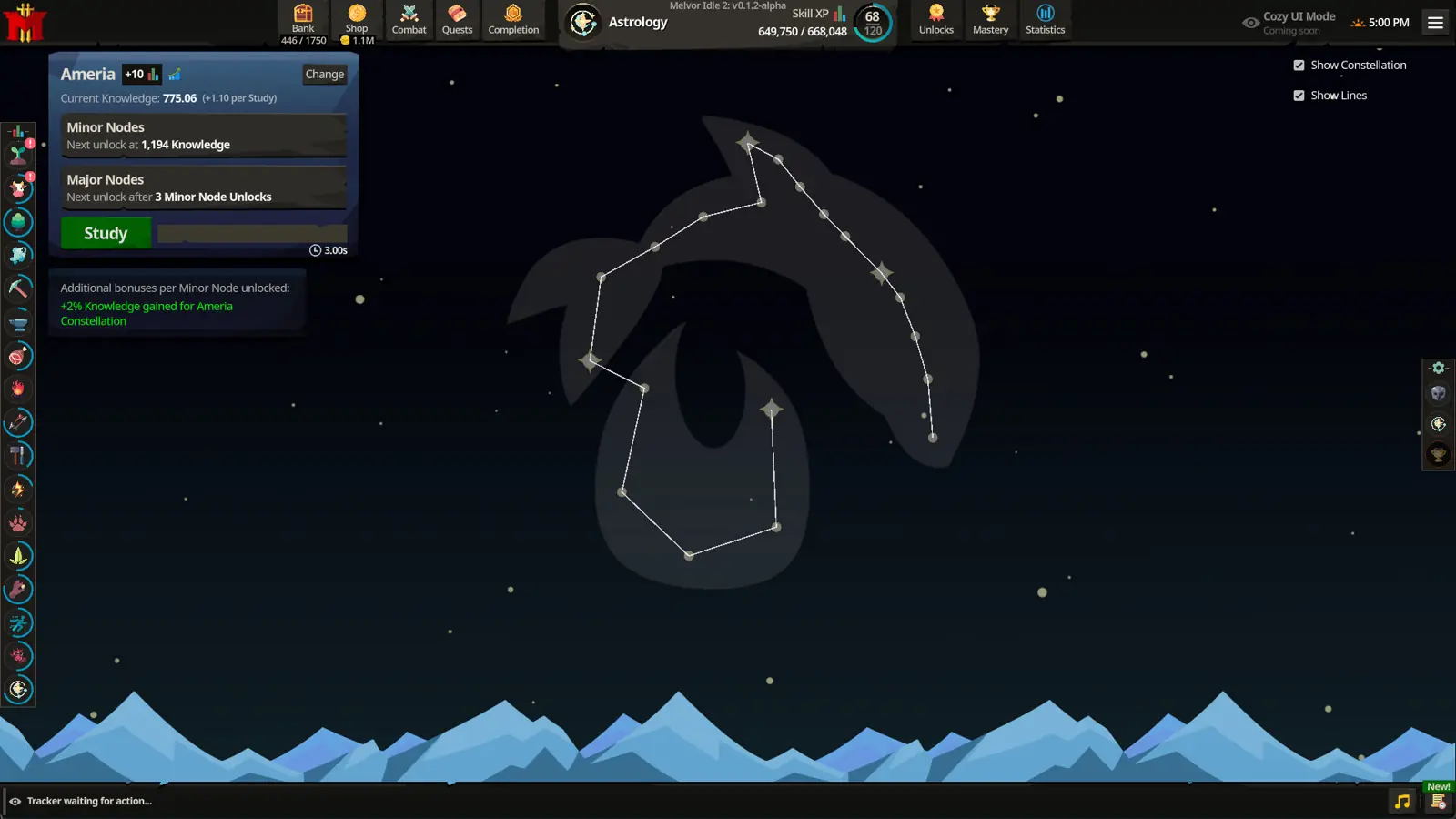 Steam store screenshot of an astrology constellation view in Melvor Idle 2, over a night sky and mountains.