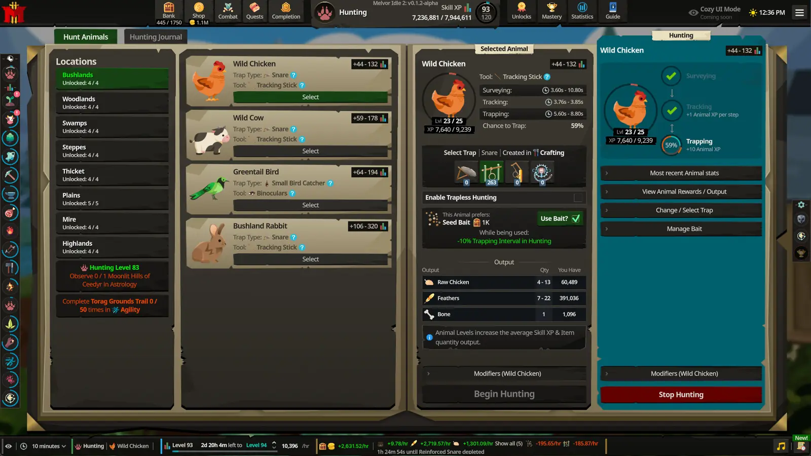 Steam store screenshot of Melvor Idle 2 Hunting, showing Wild Chicken selected, traps and animal tracking.