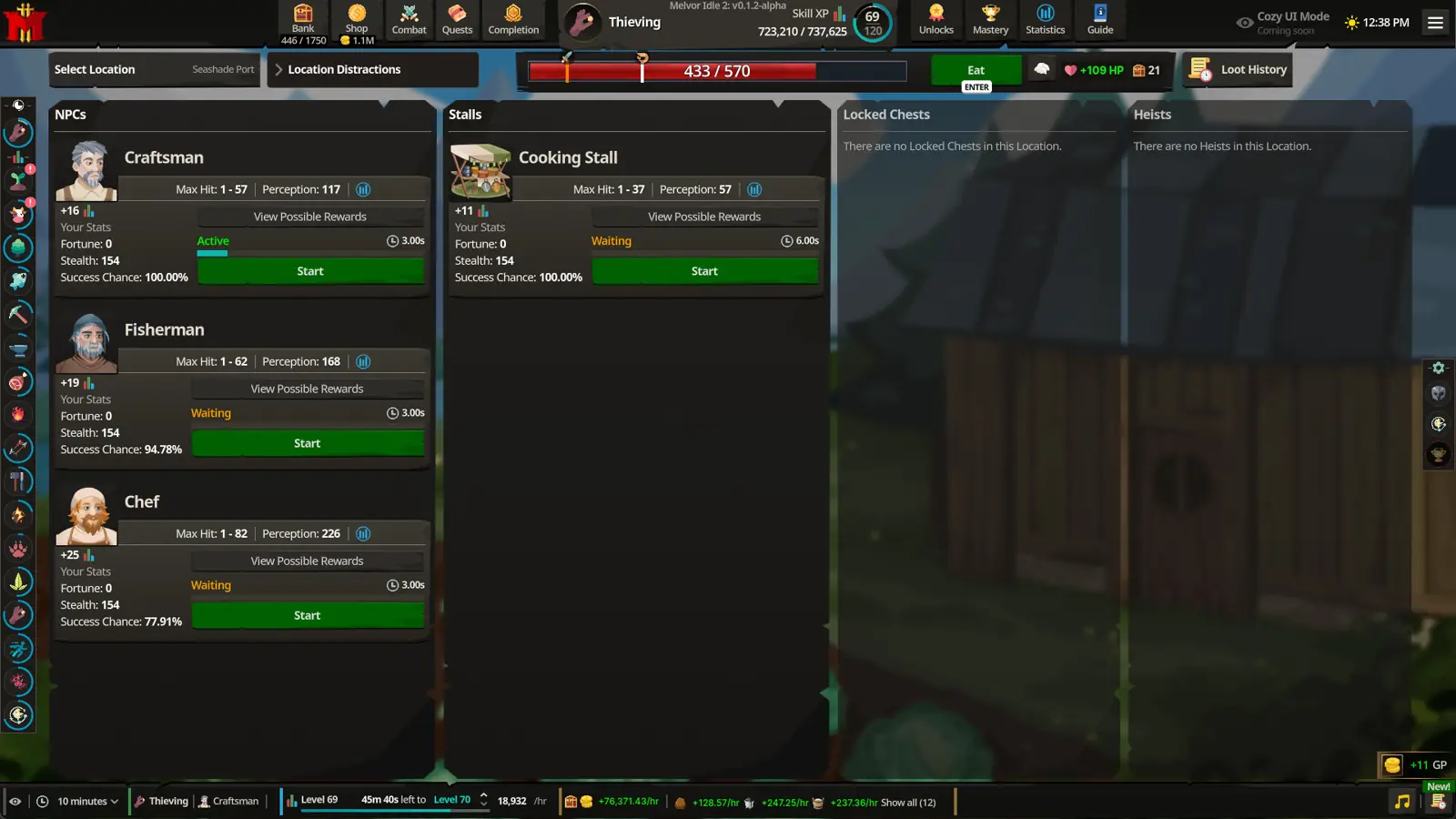 Steam store screenshot of Melvor Idle 2 Thieving, with Craftsman, Fisherman and Chef NPCs and a Cooking Stall.