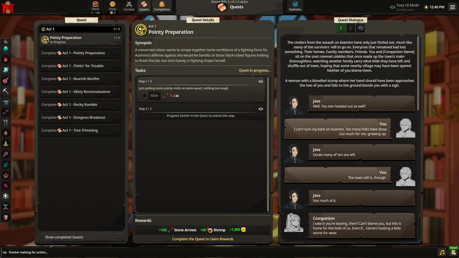 Steam store screenshot of the Melvor Idle 2 Act 1 quest Pointy Preparation, with tasks and dialogue.