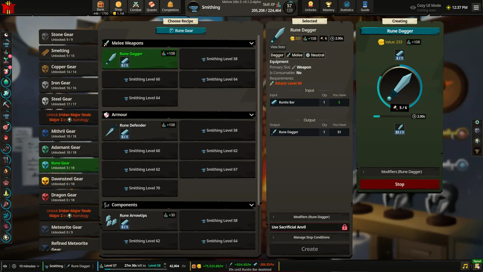 Steam store screenshot of Melvor Idle 2 smithing a rune dagger, with the component list open.